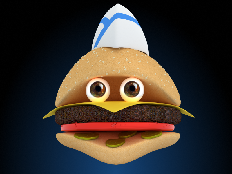 A burger with eyes and a fast food hat