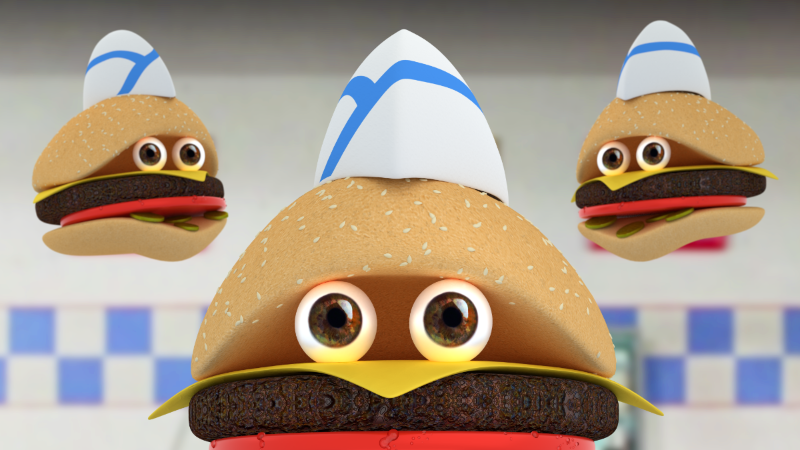 A burger with eyes staring at you