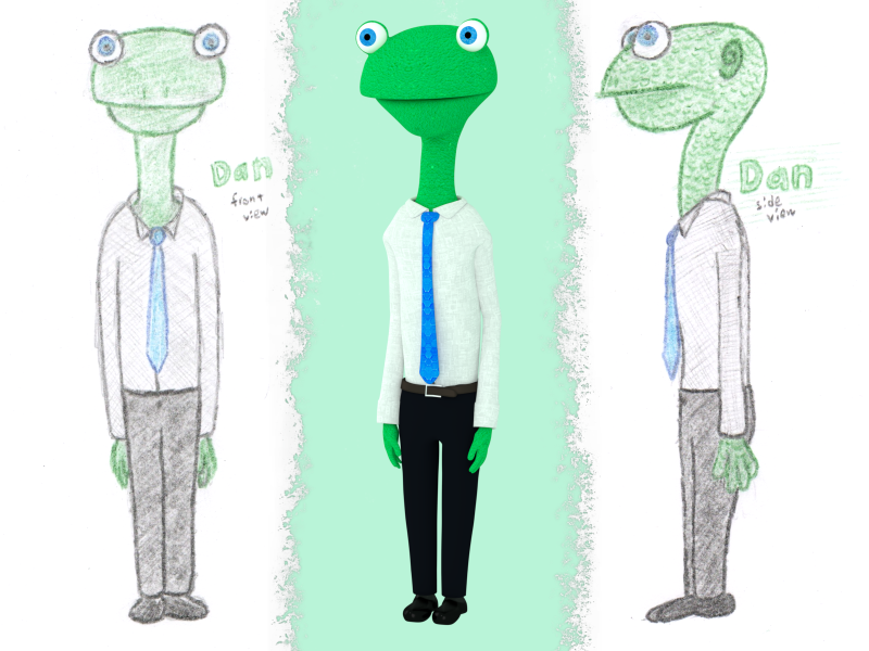 Dan, a lizard-human hybrid in 3D along with two original sketches