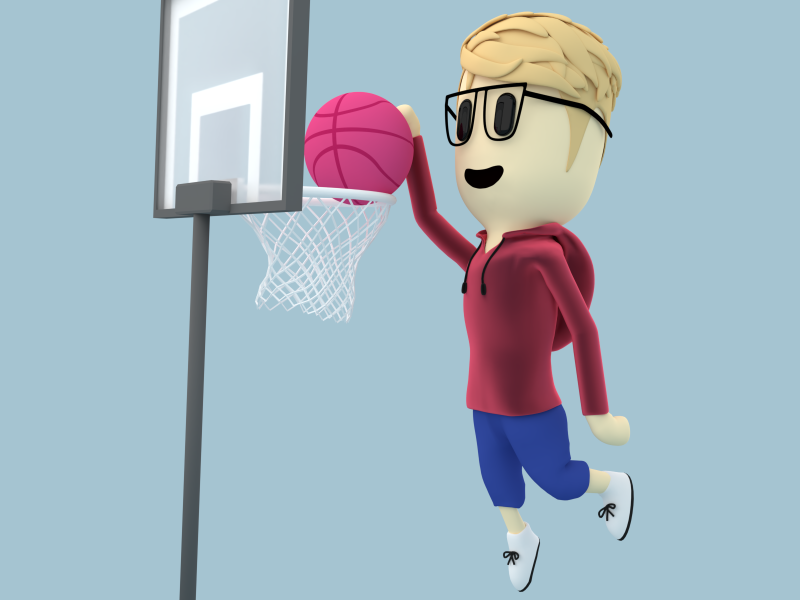 Cartoon Ted making a slam dunk with the Dribbble ball