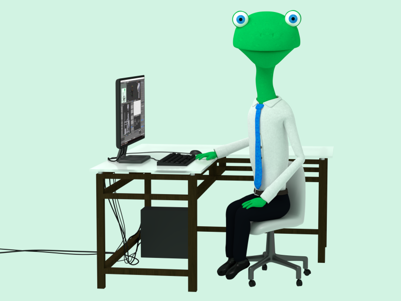 Dan, a lizard-human hybrid sitting at a computer desk at his office job