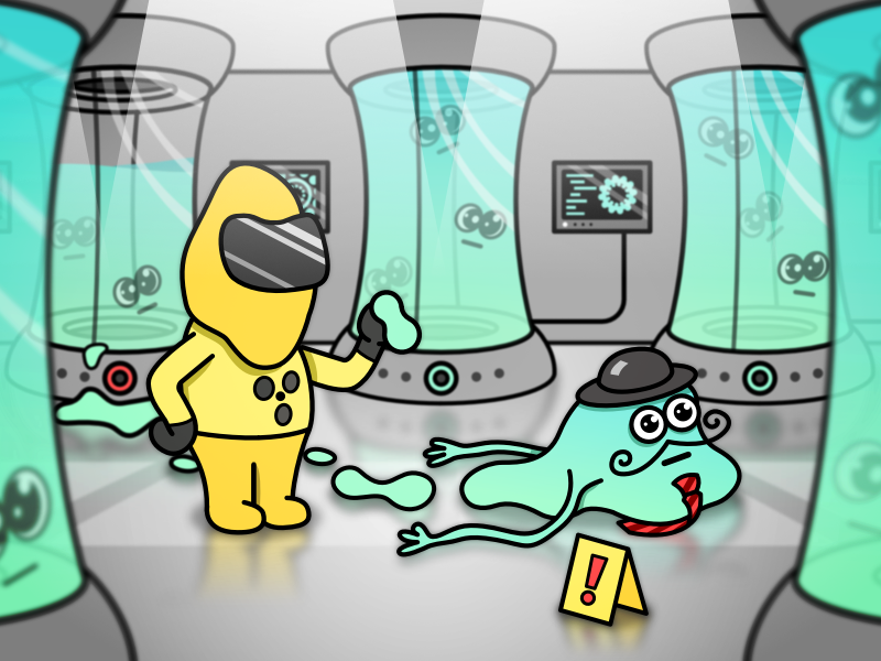 A cartoon man in hazmat suit and a goo creature with bowler hat, mustache, and tie