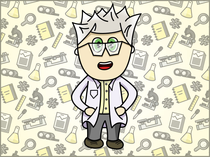 A cartoon scientist on patterned background with science equipment