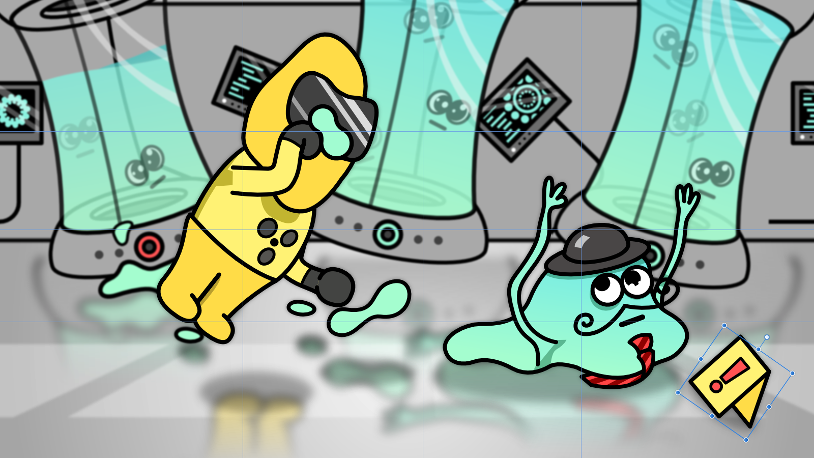 Illustration featuring a guy in a hazmat and glob of goo with eyes and tie floating in a lab
