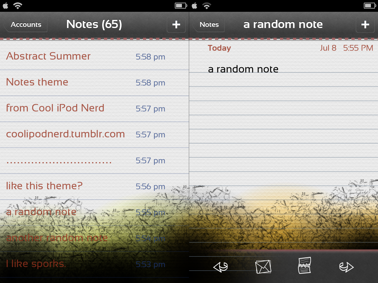 Before and after image of Notes app with theme