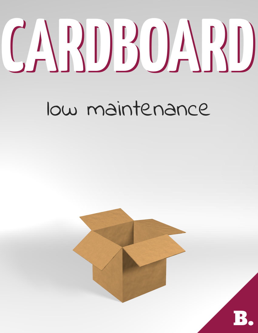 Cardboard box ad that says 'Low maintenance'