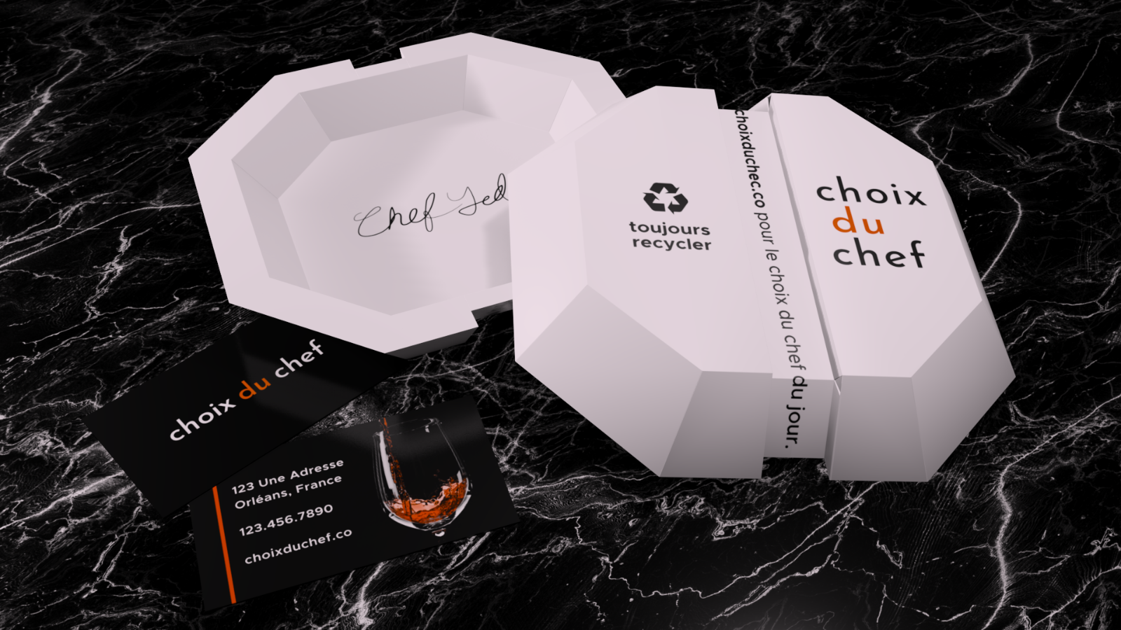 Takeout box and business cards with Choix du Chef logo on them