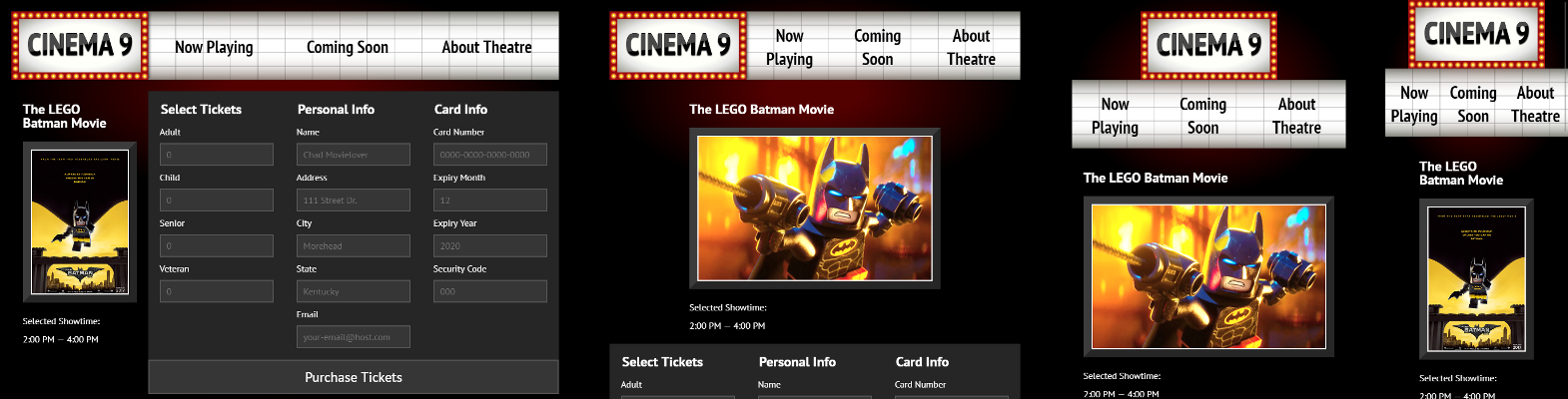 Screenshot of Cinema 9 website in various sizes