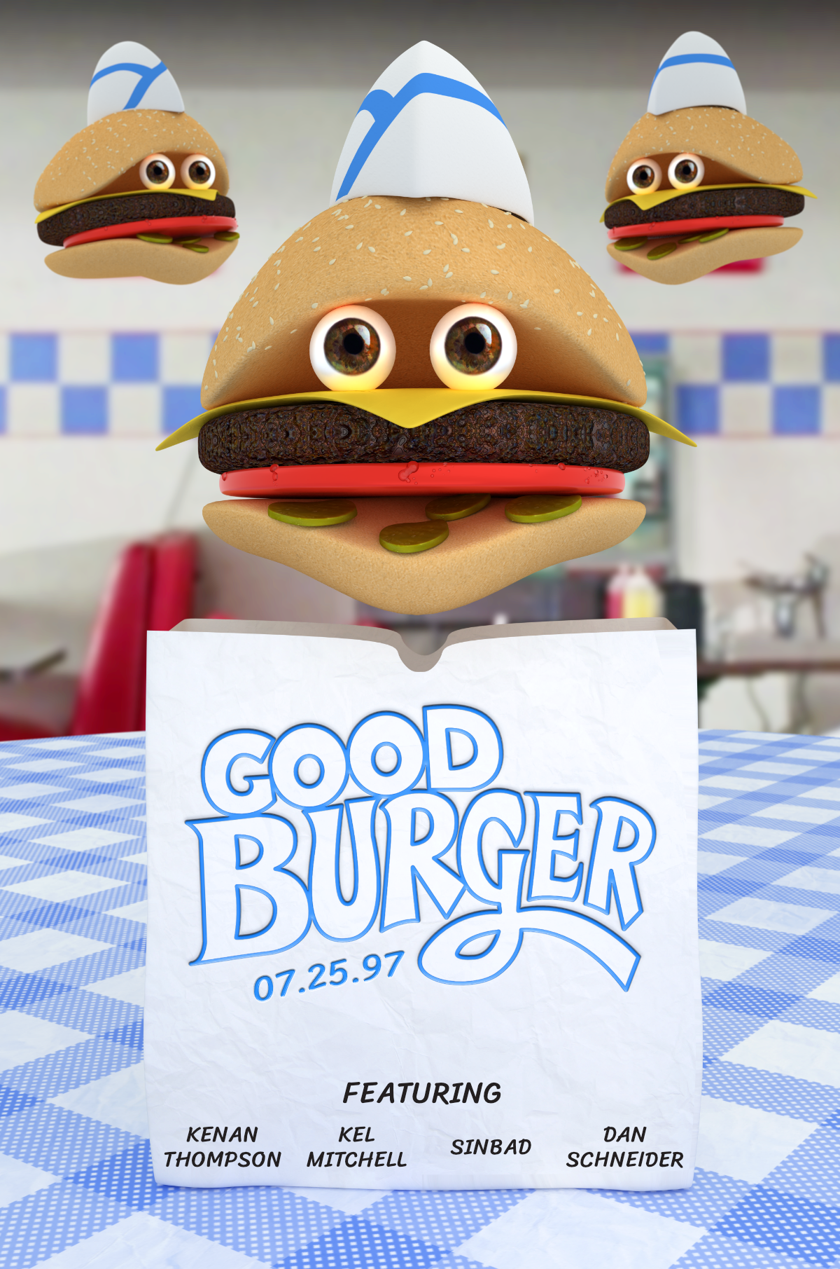 Three burgers flying above the Good Burger takeout bag with date of release and actors