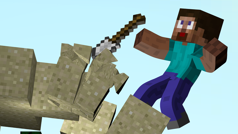 Steve from Minecraft falling off of an overhang in