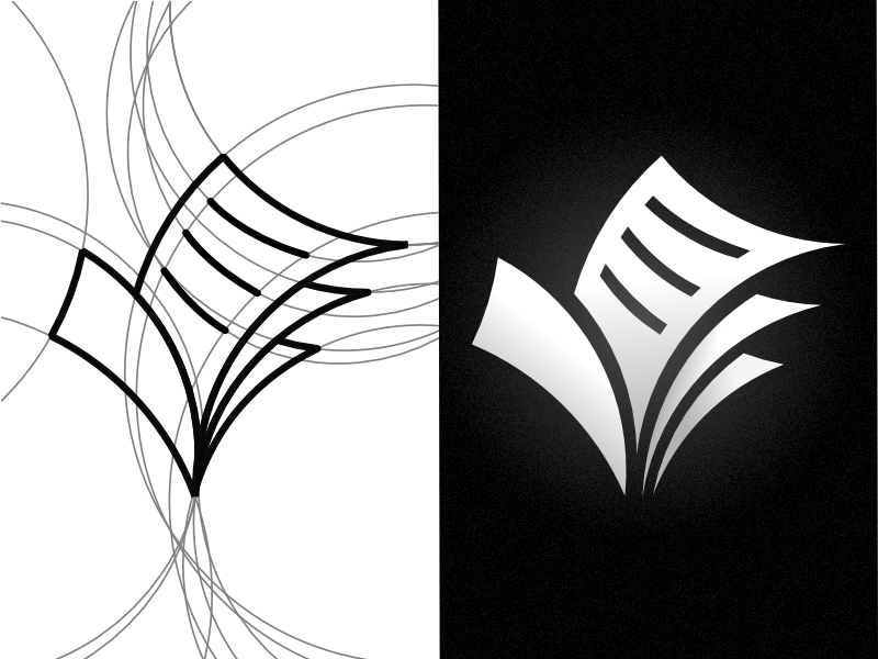 On left, an in-progress shot showing circular grid lines to create logo. On right, the finished logo.