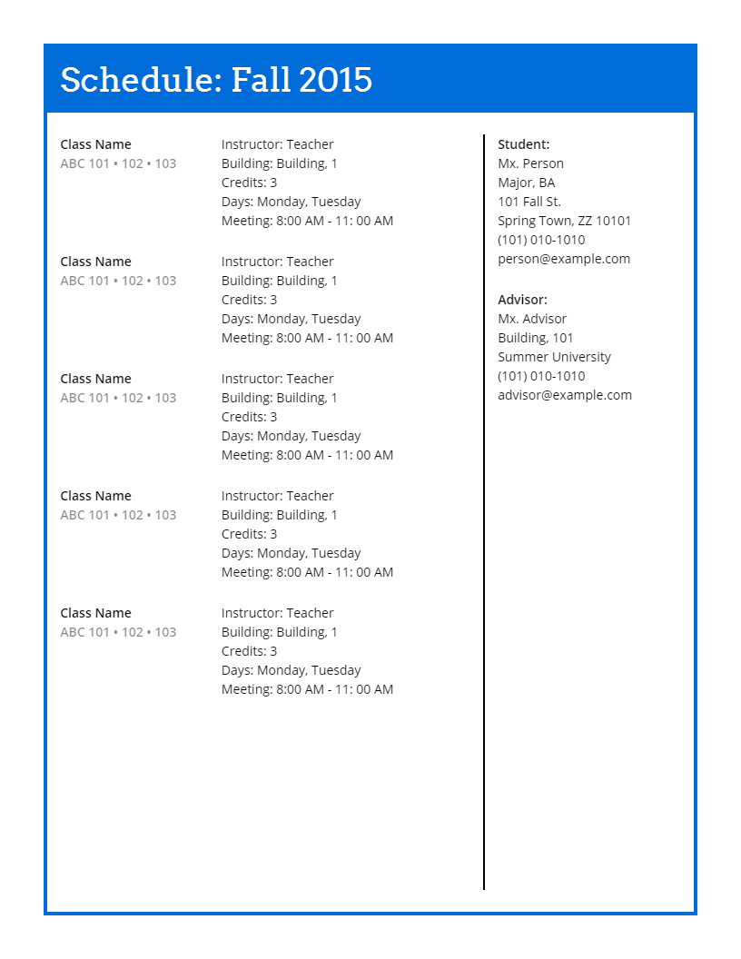 An example of the schedule produced by Schedule Reorganizer