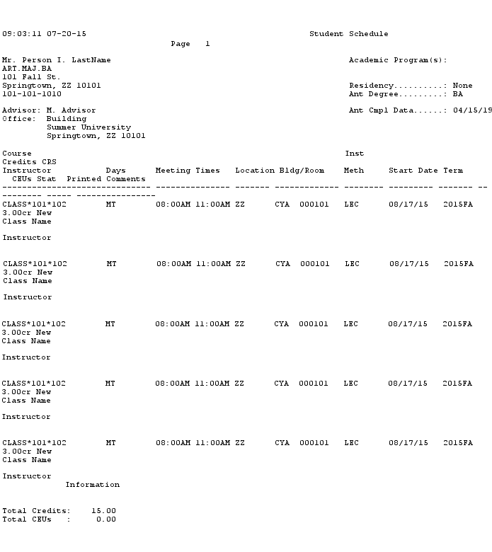 The original schedule I received from my school