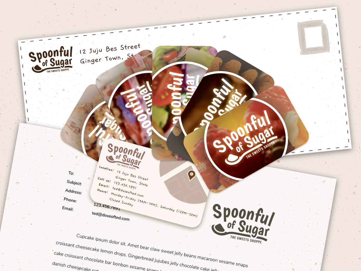 Print material for Spoonful of Sugar including business card variations, letter head, and envelope design