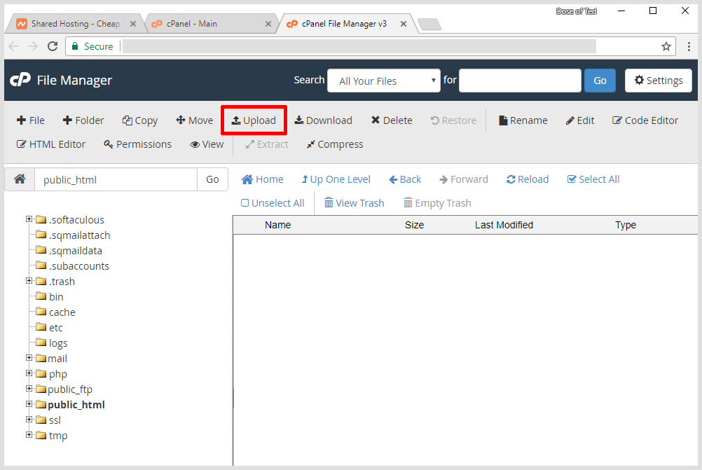 A screenshot of CPanel's File Manager with Upload button highlighted