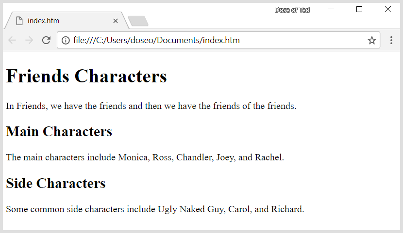 A screenshot of my HTML document, displaying the characters on the show Friends